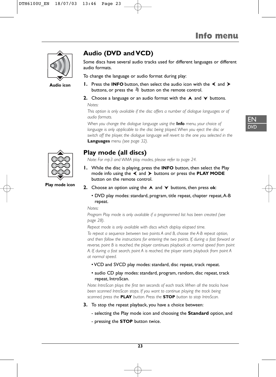 Info menu, Audio (dvd and vcd), Play mode (all discs) | Technicolor - Thomson DVD Player + TV Set + VCR User Manual | Page 23 / 37