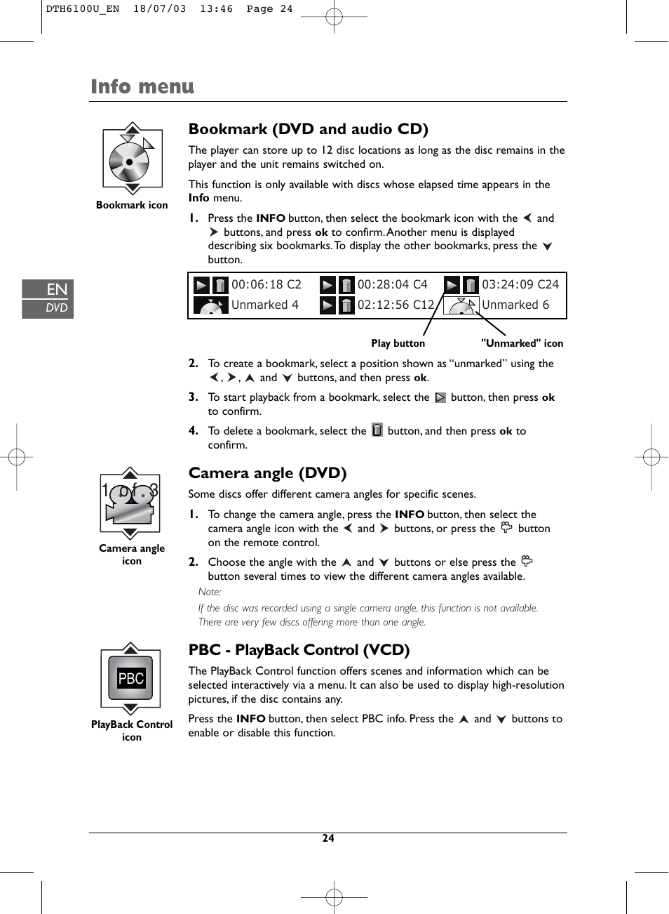 Info menu, 1 o f 3, Bookmark (dvd and audio cd) | Camera angle (dvd), Pbc - playback control (vcd) | Technicolor - Thomson DVD Player + TV Set + VCR User Manual | Page 24 / 37