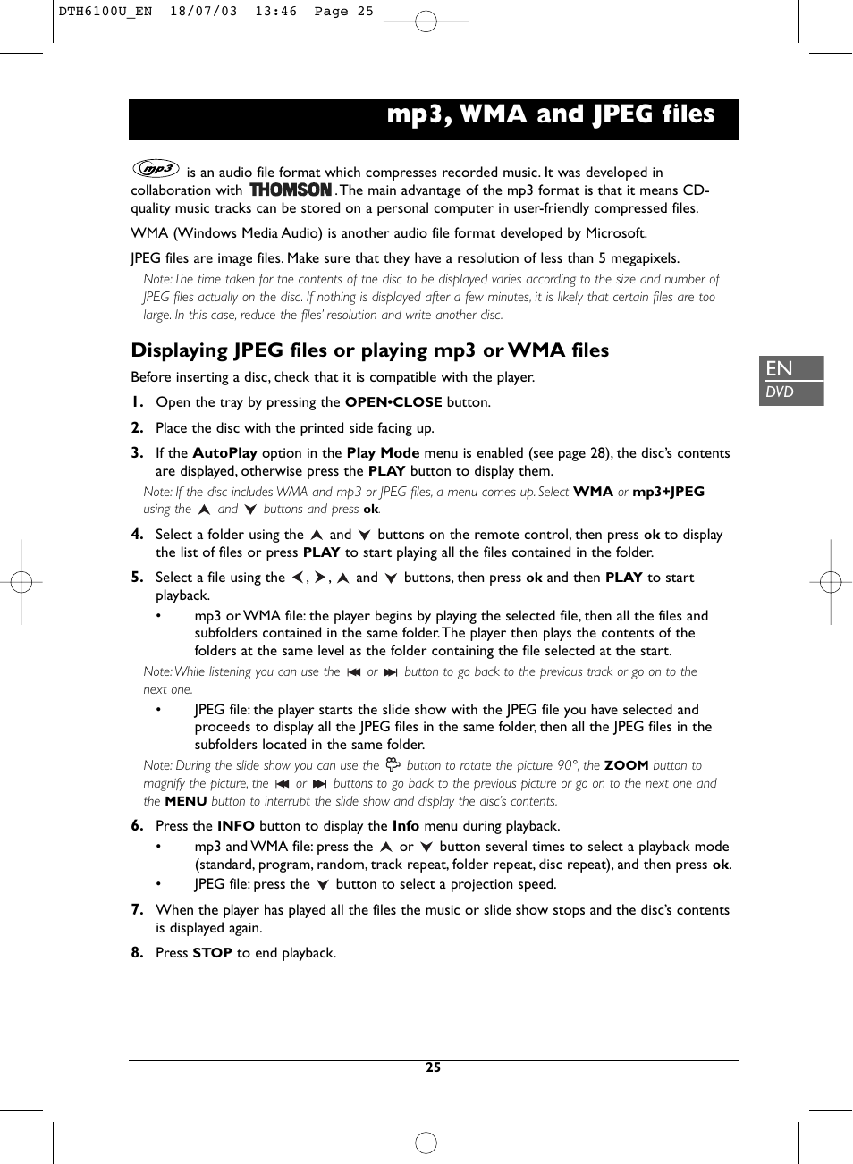 Mp3, wma and jpeg files, Displaying jpeg files or playing mp3 or wma files | Technicolor - Thomson DVD Player + TV Set + VCR User Manual | Page 25 / 37