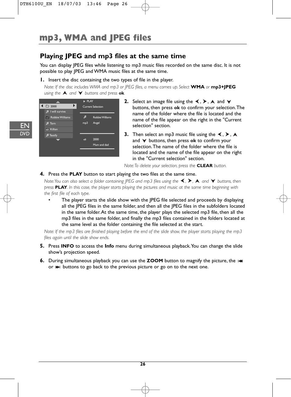 Mp3, wma and jpeg files, Playing jpeg and mp3 files at the same time | Technicolor - Thomson DVD Player + TV Set + VCR User Manual | Page 26 / 37