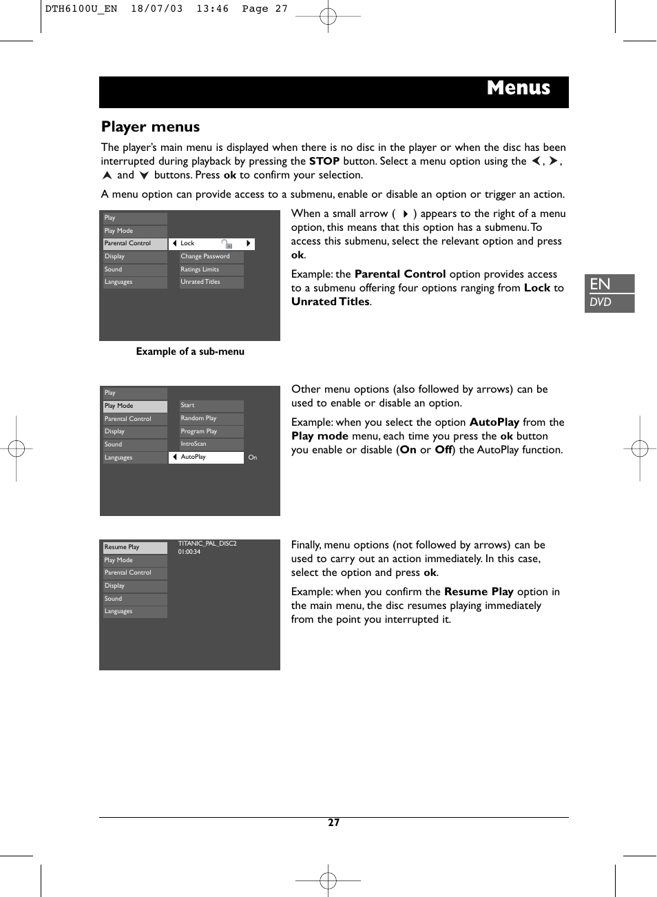 Menus, Player menus | Technicolor - Thomson DVD Player + TV Set + VCR User Manual | Page 27 / 37