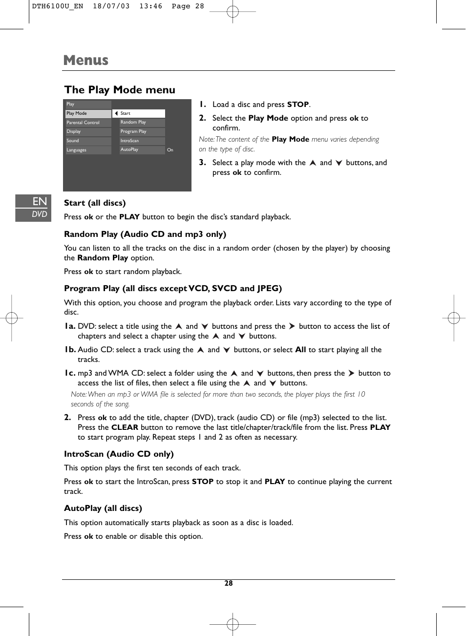 Menus, The play mode menu | Technicolor - Thomson DVD Player + TV Set + VCR User Manual | Page 28 / 37