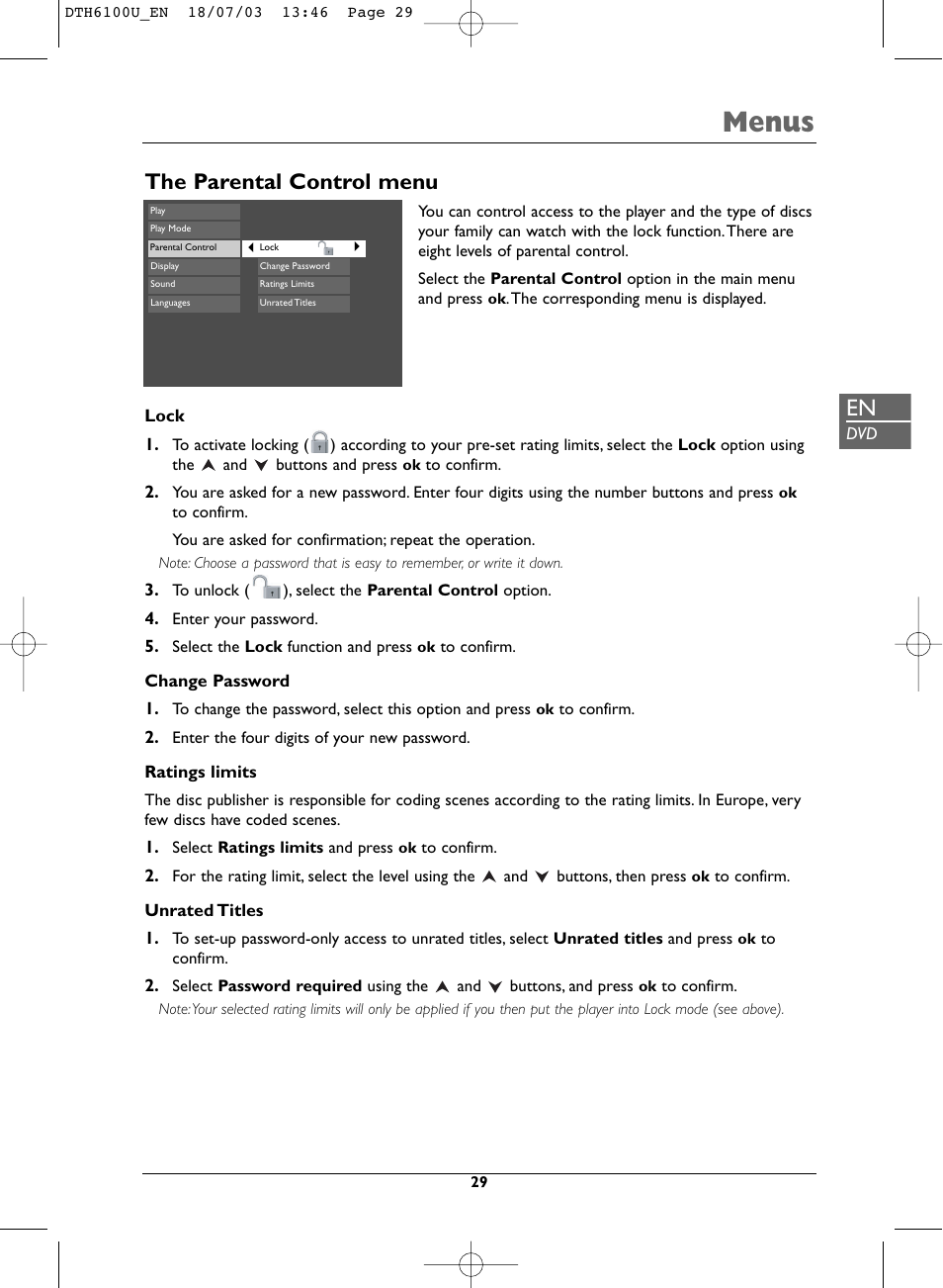 Menus, The parental control menu | Technicolor - Thomson DVD Player + TV Set + VCR User Manual | Page 29 / 37