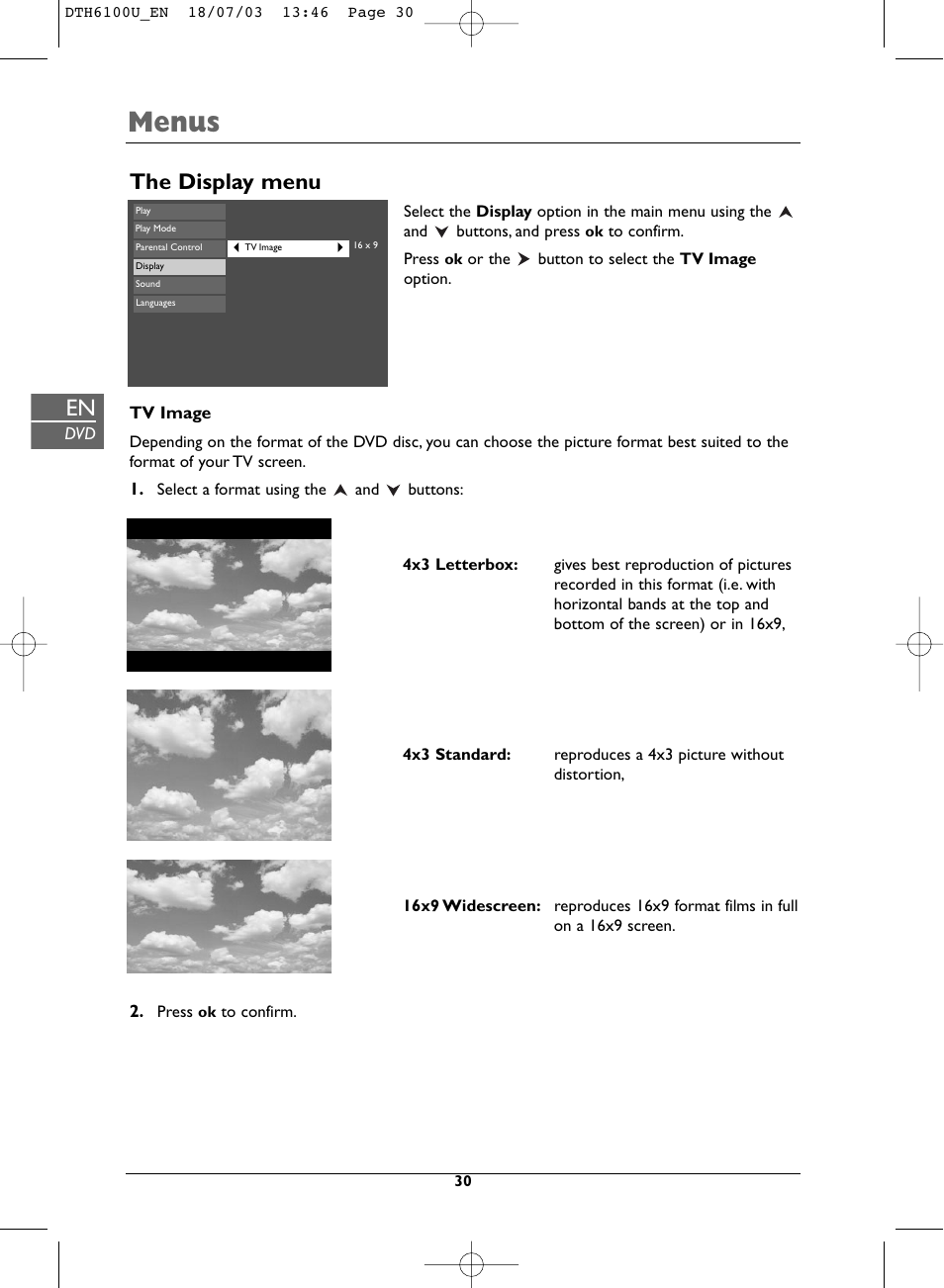 Menus, The display menu | Technicolor - Thomson DVD Player + TV Set + VCR User Manual | Page 30 / 37