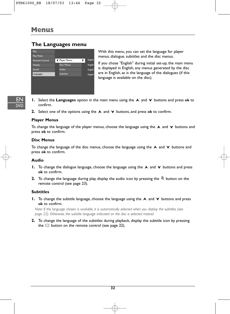 Menus, The languages menu | Technicolor - Thomson DVD Player + TV Set + VCR User Manual | Page 32 / 37