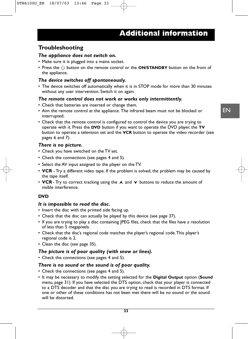 Additional information, Troubleshooting | Technicolor - Thomson DVD Player + TV Set + VCR User Manual | Page 33 / 37