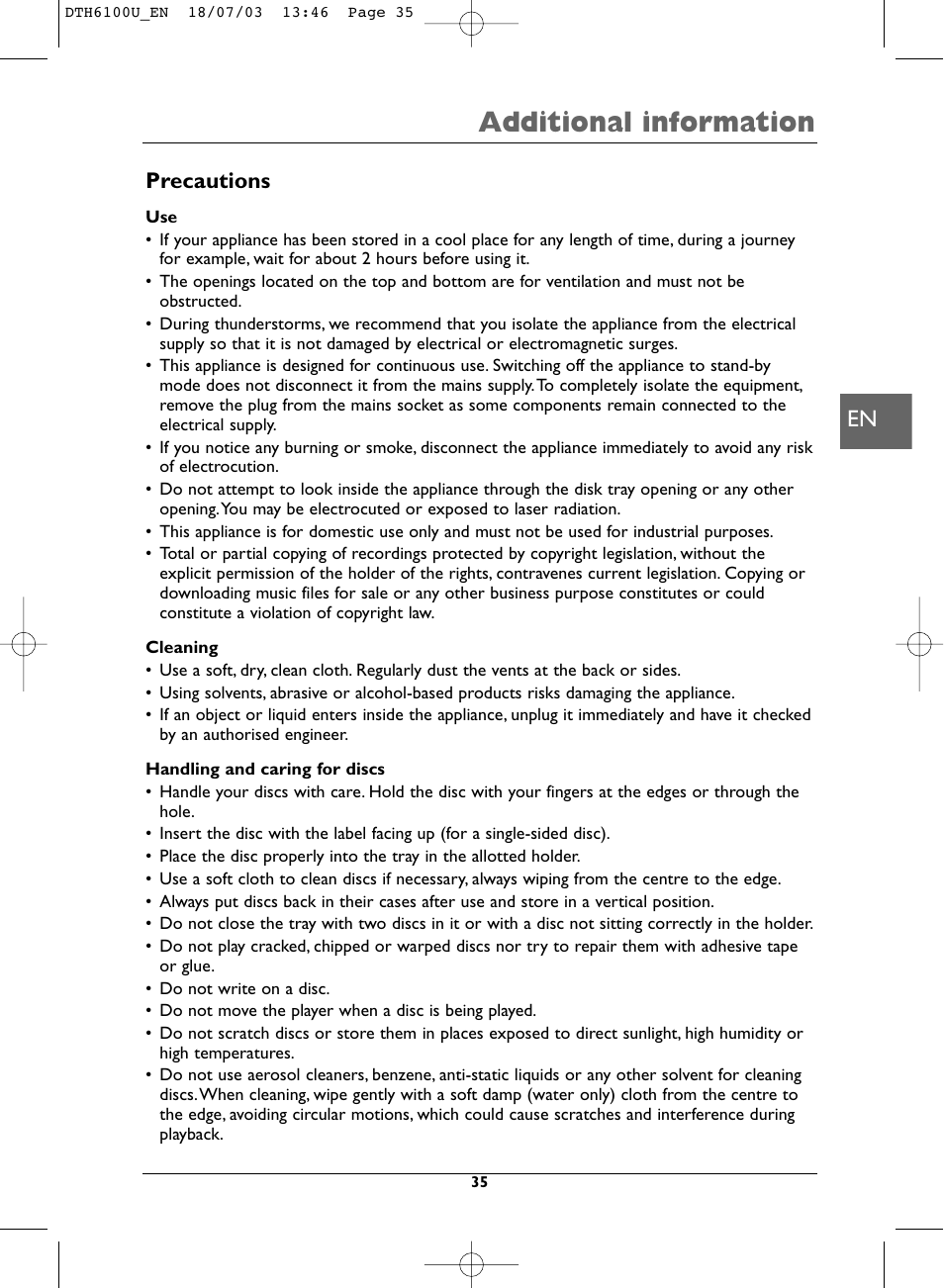 Additional information, Precautions | Technicolor - Thomson DVD Player + TV Set + VCR User Manual | Page 35 / 37