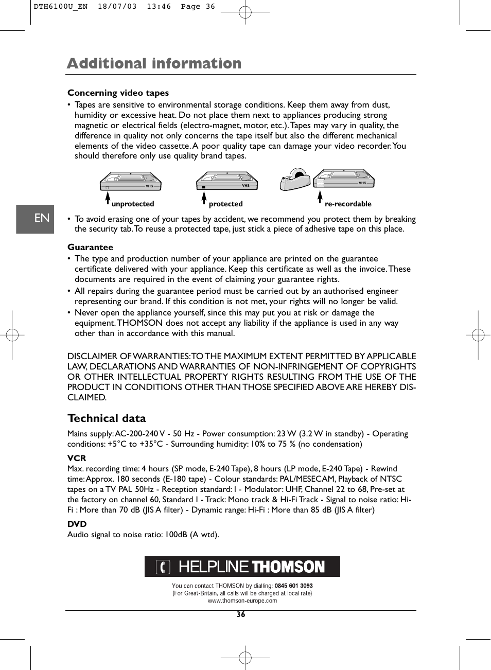 Additional information, Technical data | Technicolor - Thomson DVD Player + TV Set + VCR User Manual | Page 36 / 37