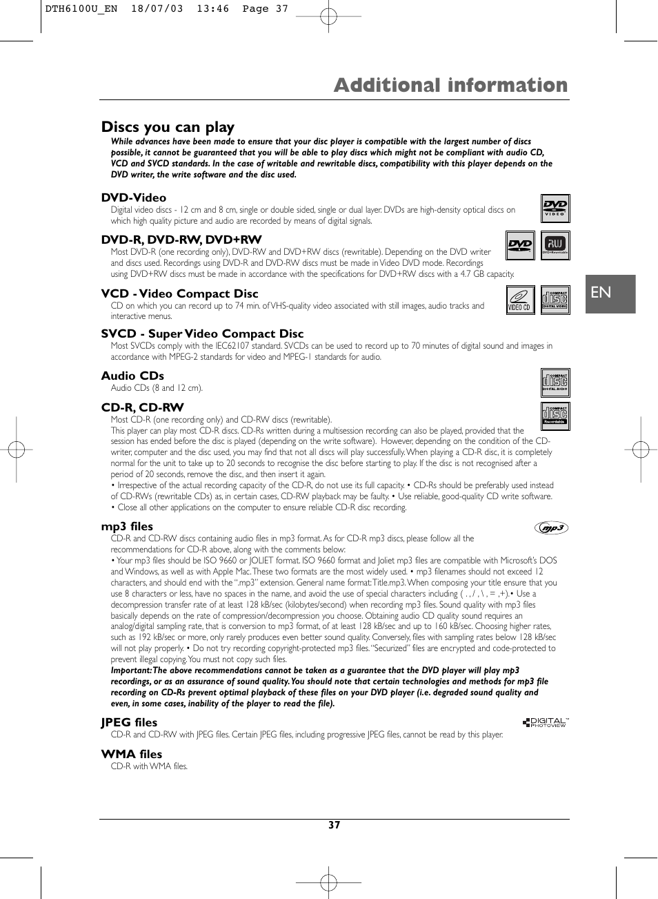 Additional information, Discs you can play | Technicolor - Thomson DVD Player + TV Set + VCR User Manual | Page 37 / 37