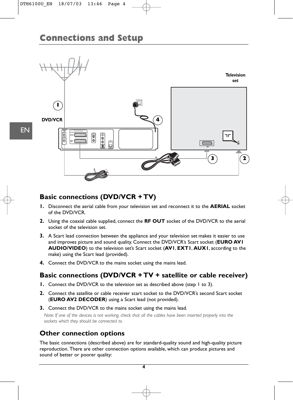 Connections and setup, Basic connections (dvd/vcr + tv), Other connection options | Technicolor - Thomson DVD Player + TV Set + VCR User Manual | Page 4 / 37