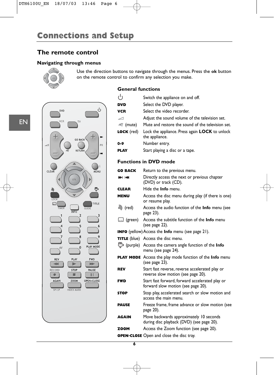 Connections and setup, The remote control | Technicolor - Thomson DVD Player + TV Set + VCR User Manual | Page 6 / 37