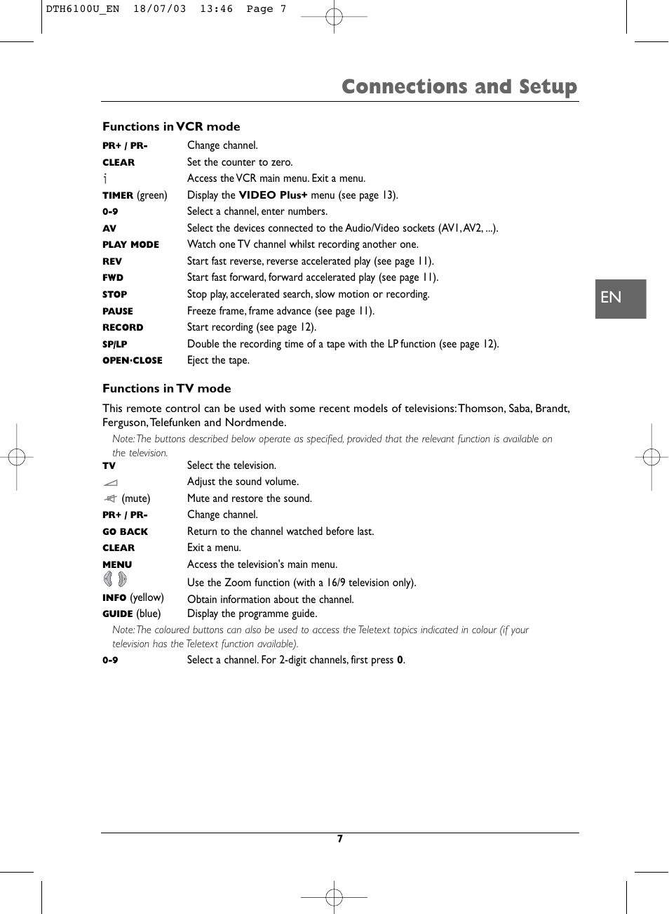 Connections and setup | Technicolor - Thomson DVD Player + TV Set + VCR User Manual | Page 7 / 37