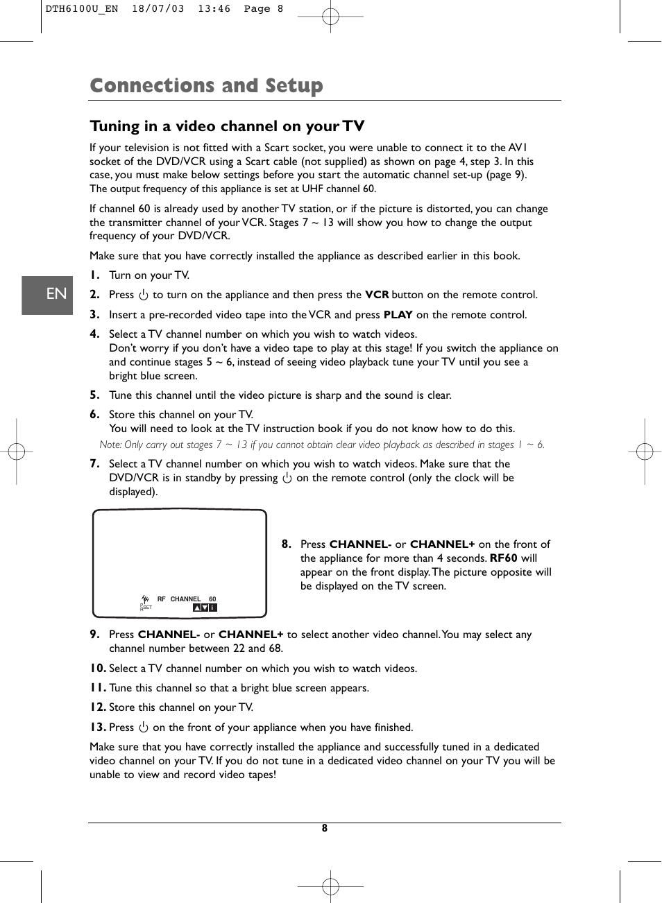 Connections and setup, Tuning in a video channel on your tv | Technicolor - Thomson DVD Player + TV Set + VCR User Manual | Page 8 / 37