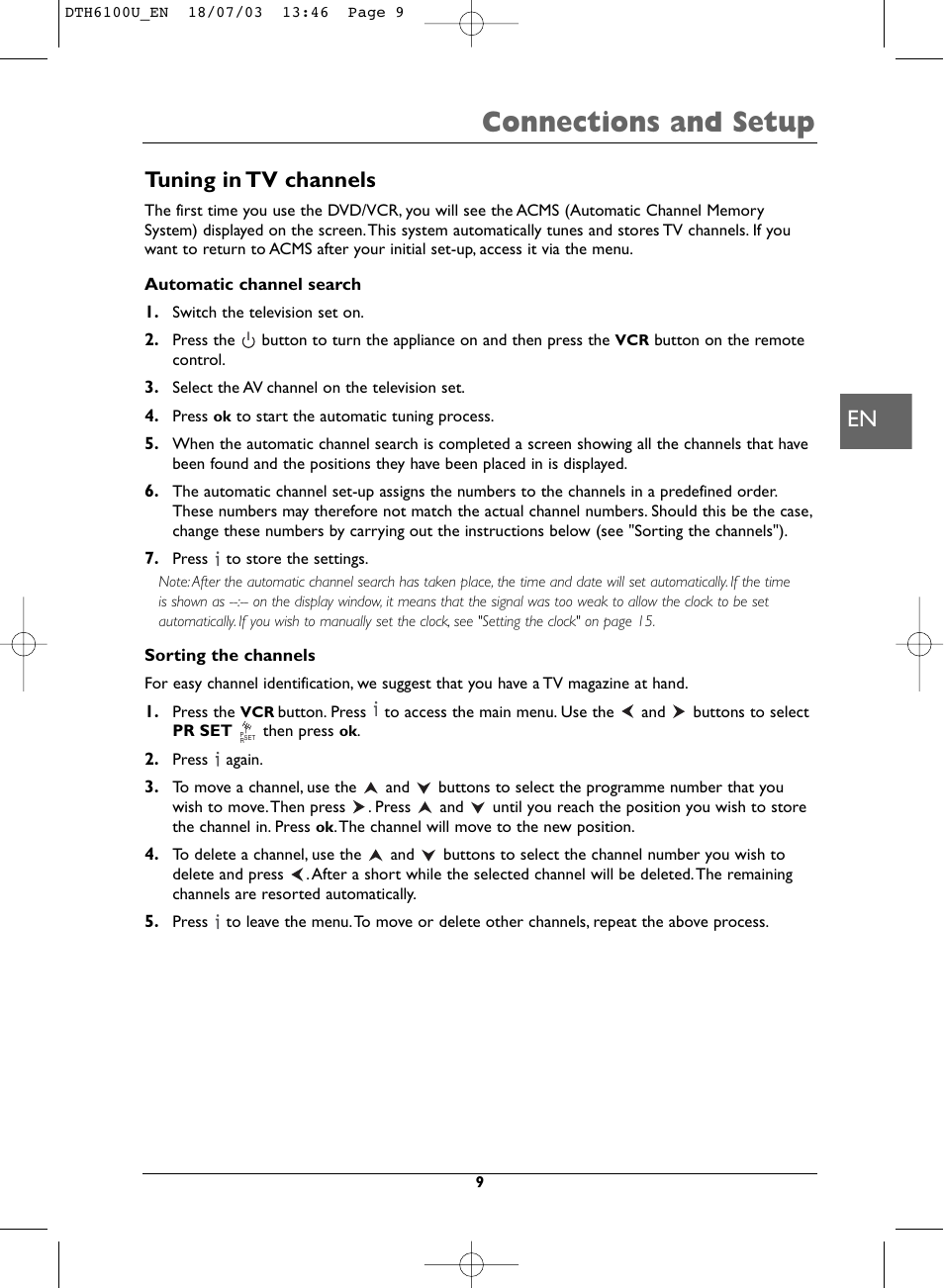 Connections and setup, Tuning in tv channels | Technicolor - Thomson DVD Player + TV Set + VCR User Manual | Page 9 / 37