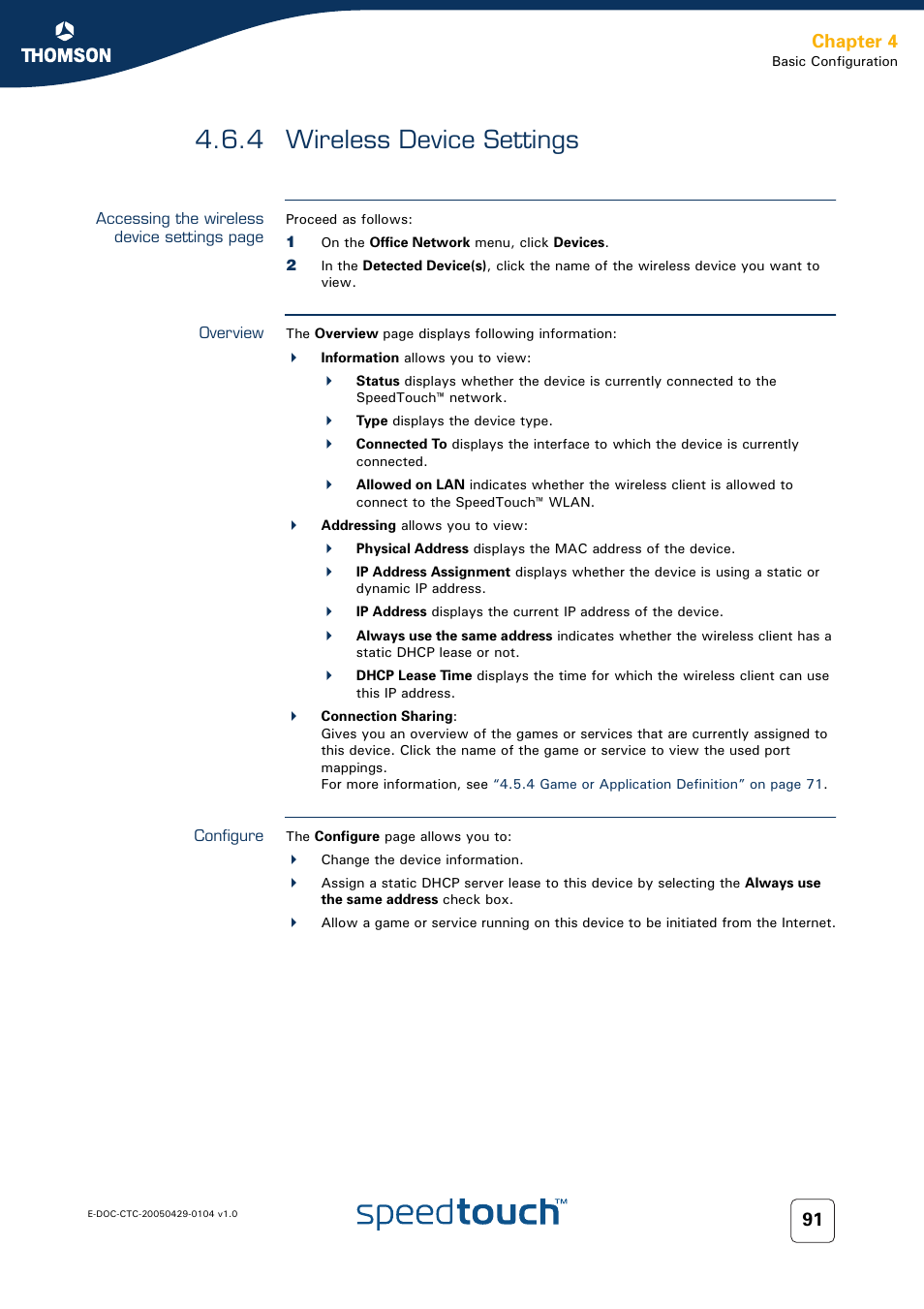 4 wireless device settings, Overview, Configure | Wireless device settings, Chapter 4 | Technicolor - Thomson 605 User Manual | Page 101 / 212