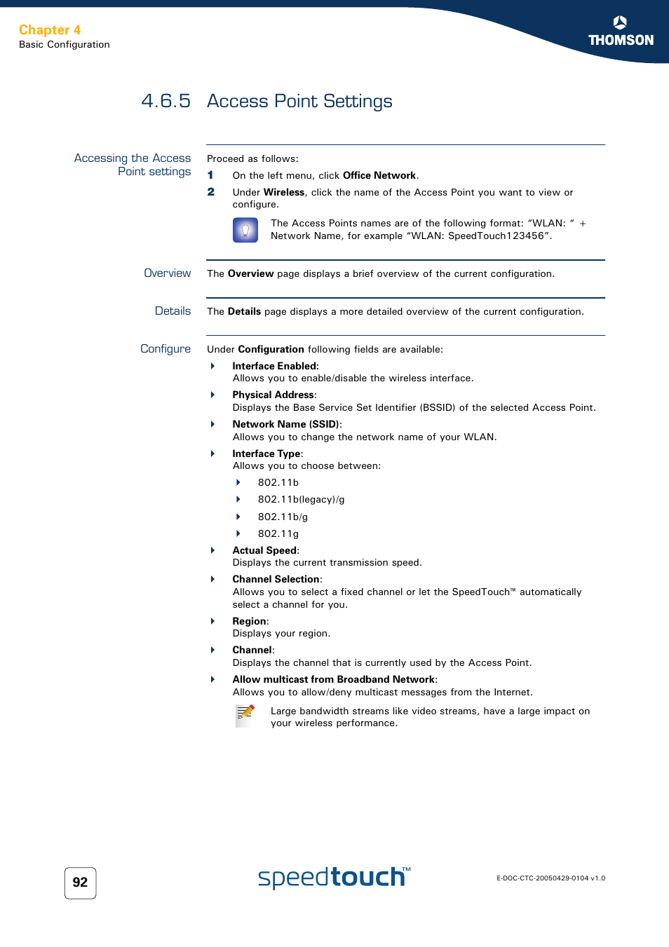 5 access point settings, Accessing the access point settings, Overview | Details, Configure, Access point settings, Chapter 4 | Technicolor - Thomson 605 User Manual | Page 102 / 212