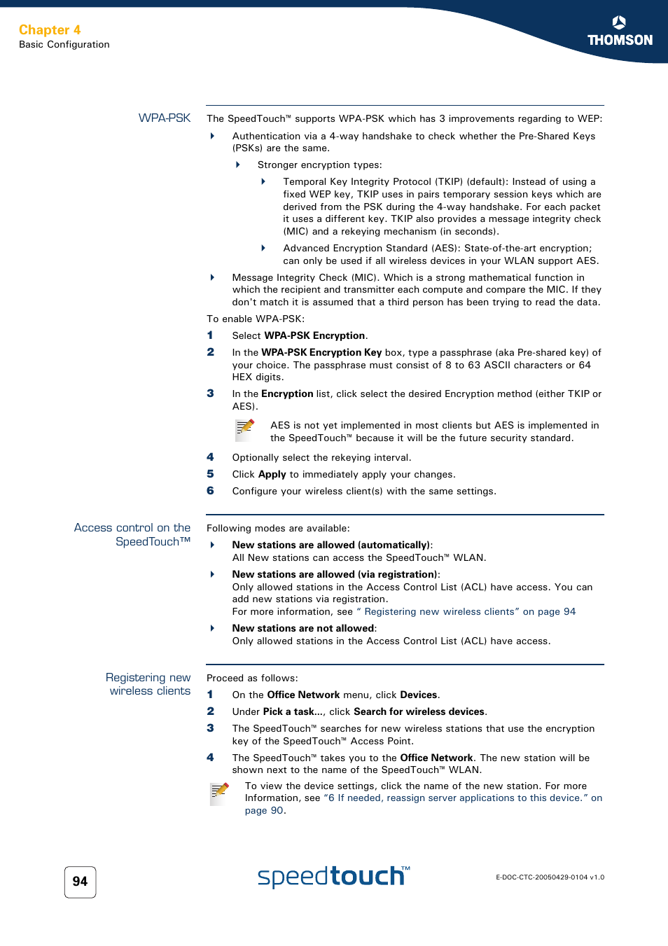 Wpa-psk, Access control on the speedtouch, Registering new wireless clients | Chapter 4 | Technicolor - Thomson 605 User Manual | Page 104 / 212