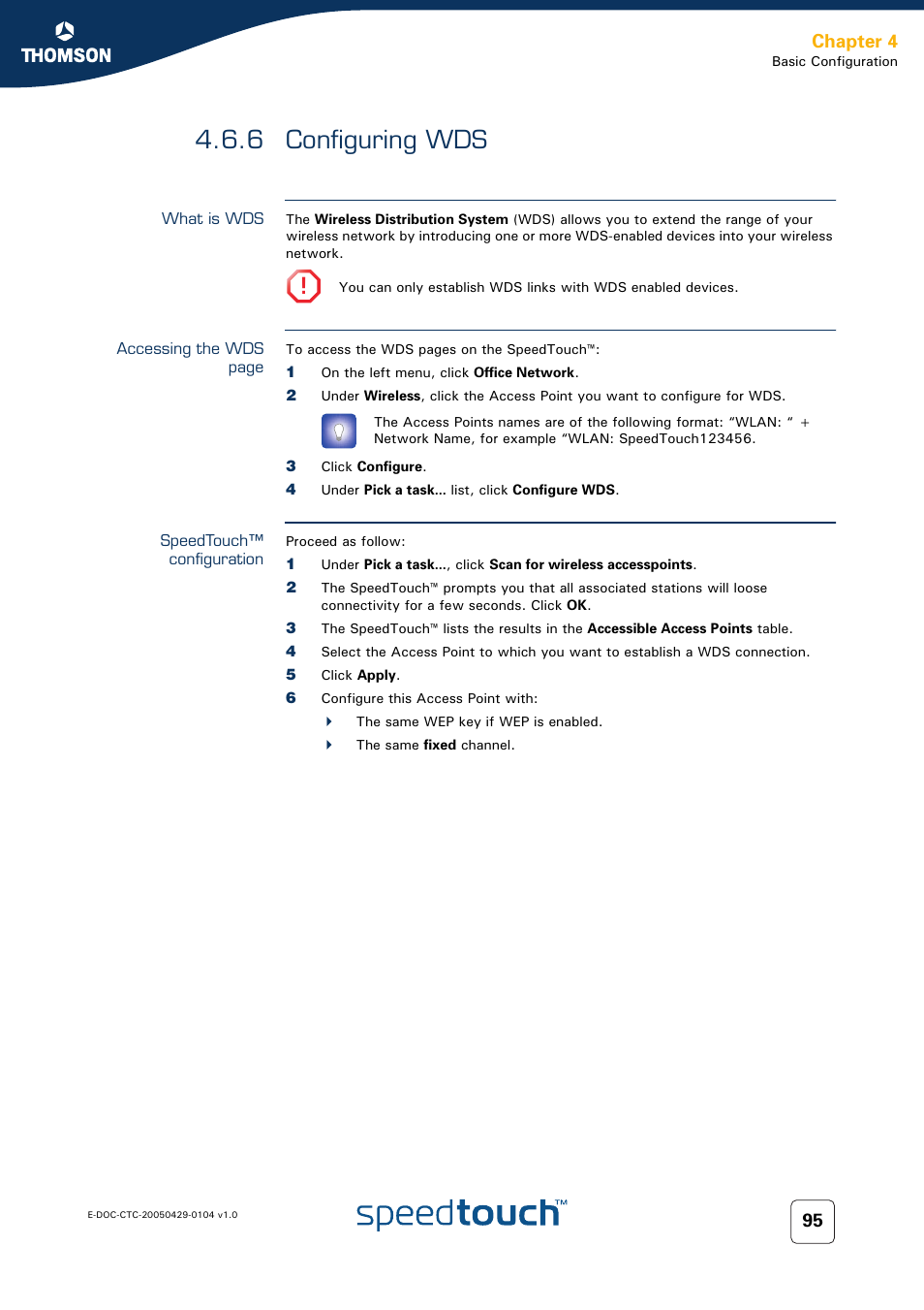 6 configuring wds, What is wds, Speedtouch™ configuration | Configuring wds, Chapter 4 | Technicolor - Thomson 605 User Manual | Page 105 / 212