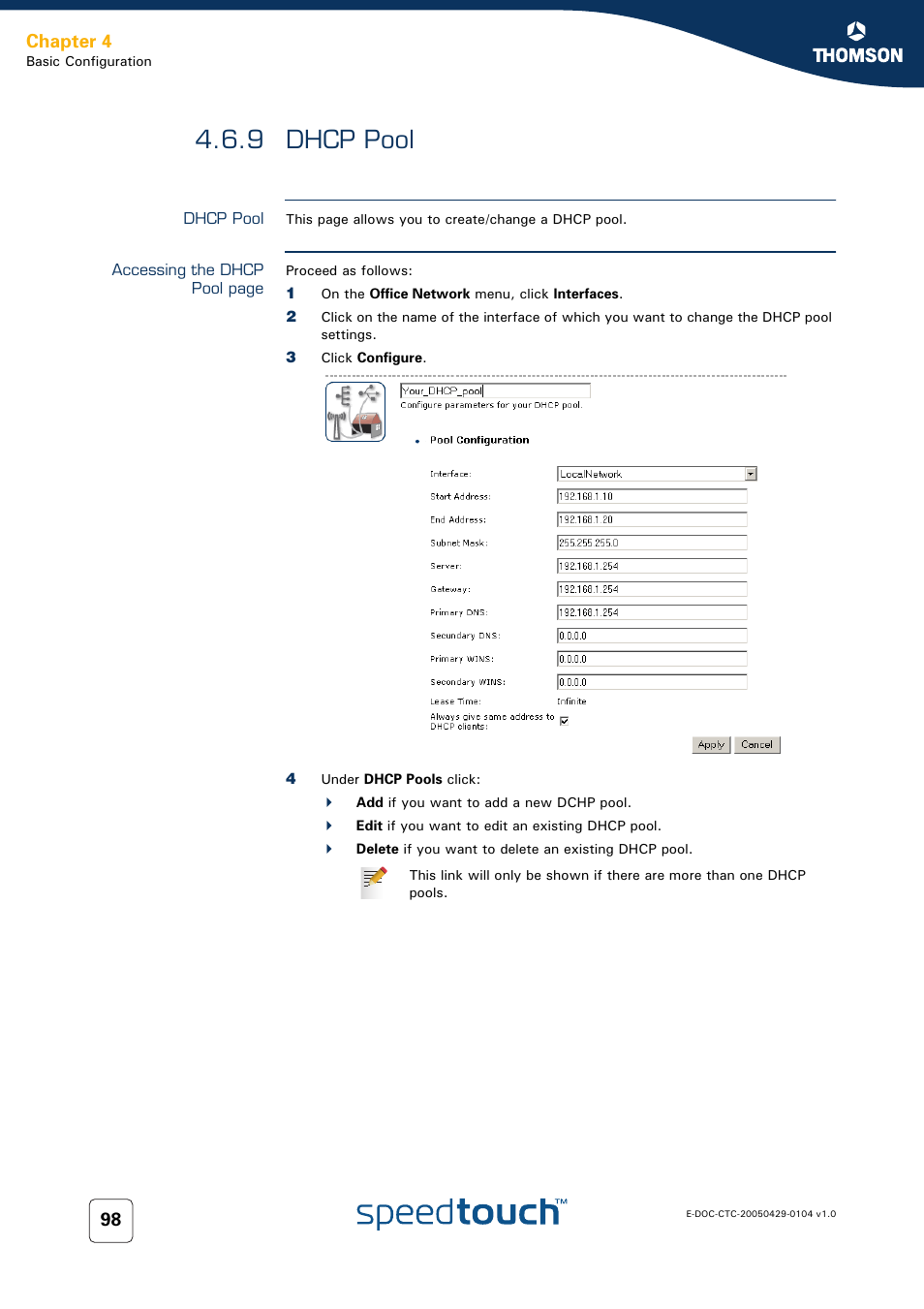 9 dhcp pool, Dhcp pool, Chapter 4 | Technicolor - Thomson 605 User Manual | Page 108 / 212