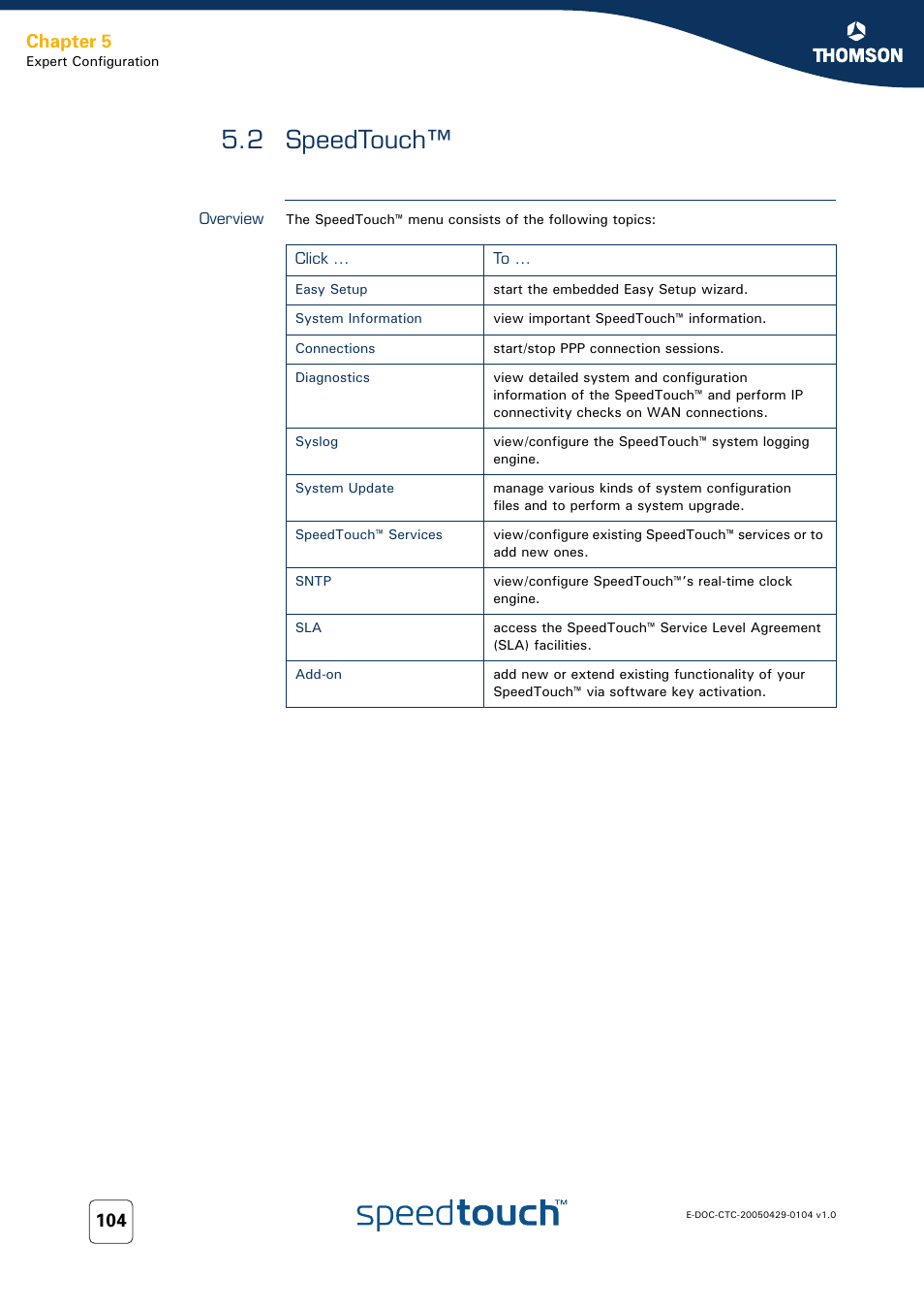 2 speedtouch, Overview, Speedtouch | Chapter 5 | Technicolor - Thomson 605 User Manual | Page 114 / 212