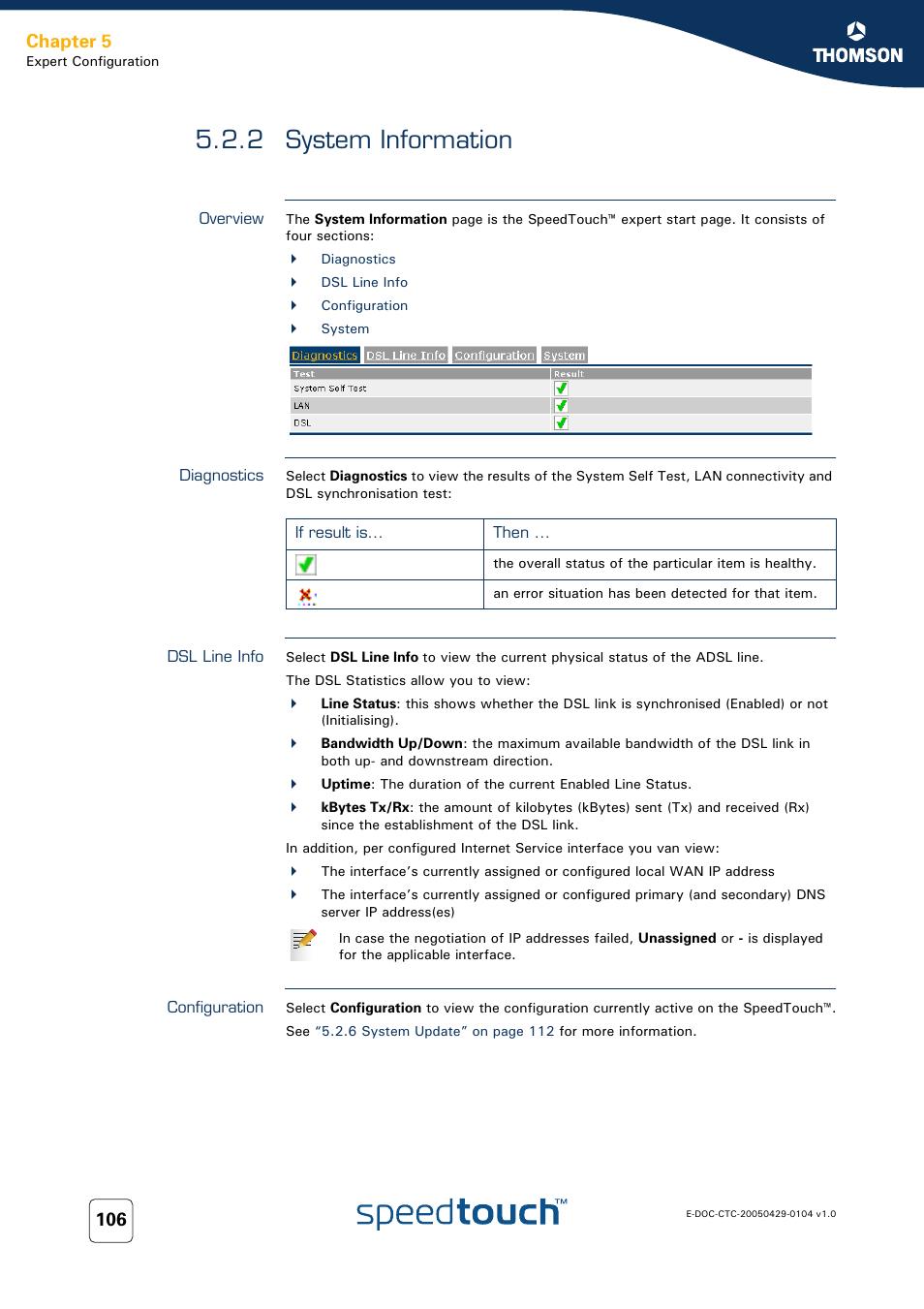 2 system information, Overview, Diagnostics | Dsl line info, Configuration, System information, Chapter 5 | Technicolor - Thomson 605 User Manual | Page 116 / 212