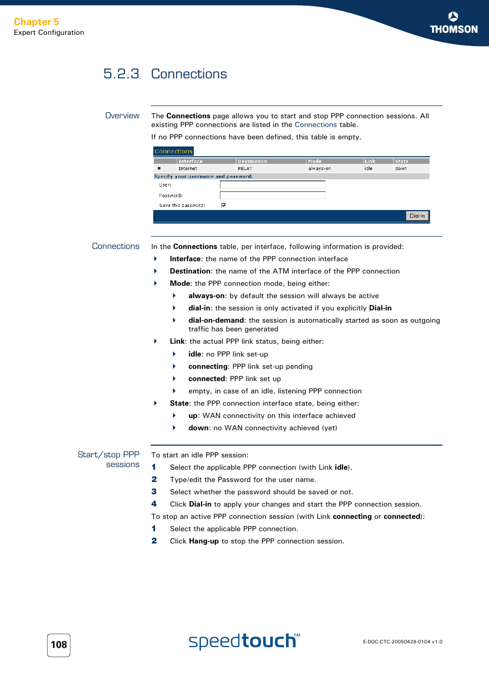 3 connections, Overview, Connections | Start/stop ppp sessions, Chapter 5 | Technicolor - Thomson 605 User Manual | Page 118 / 212