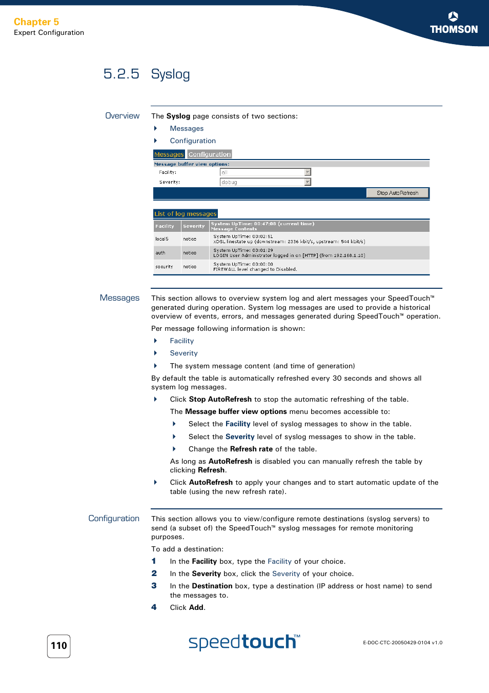 5 syslog, Overview, Messages | Configuration, Syslog, Chapter 5 | Technicolor - Thomson 605 User Manual | Page 120 / 212