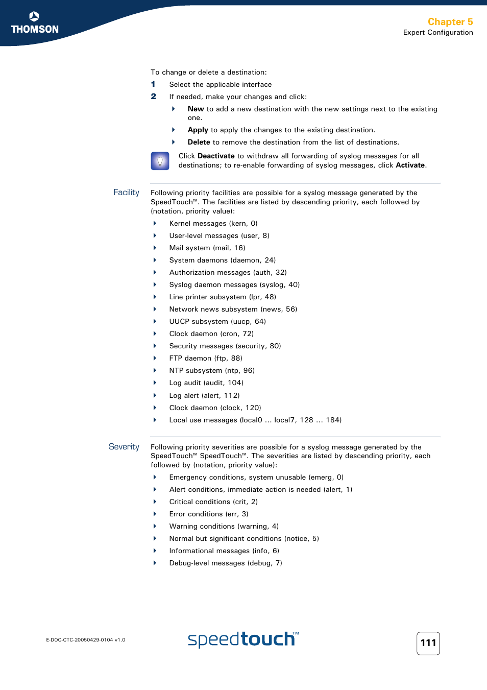 Facility, Severity, Lect the | Level, Click the, Of yo, Chapter 5 | Technicolor - Thomson 605 User Manual | Page 121 / 212