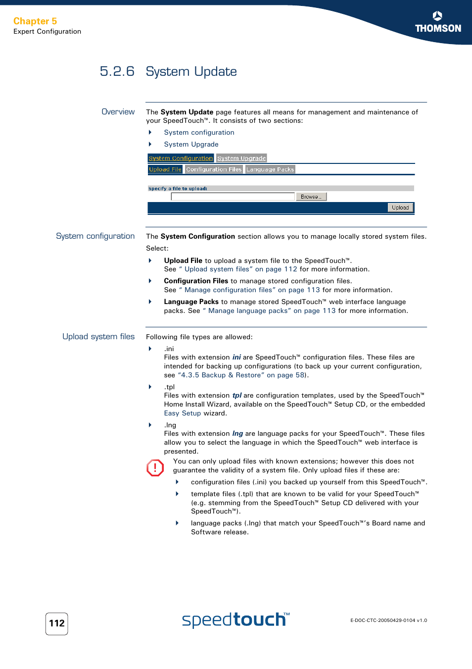 6 system update, Overview, System configuration | Upload system files, System update, Chapter 5 | Technicolor - Thomson 605 User Manual | Page 122 / 212