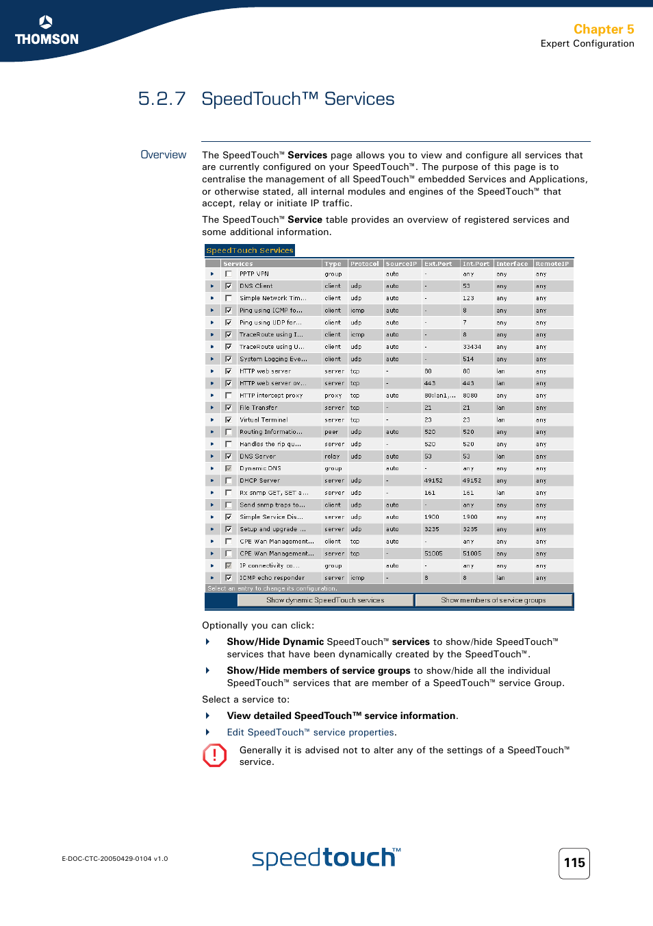 7 speedtouch™ services, Overview, Speedtouch™ services | Chapter 5 | Technicolor - Thomson 605 User Manual | Page 125 / 212