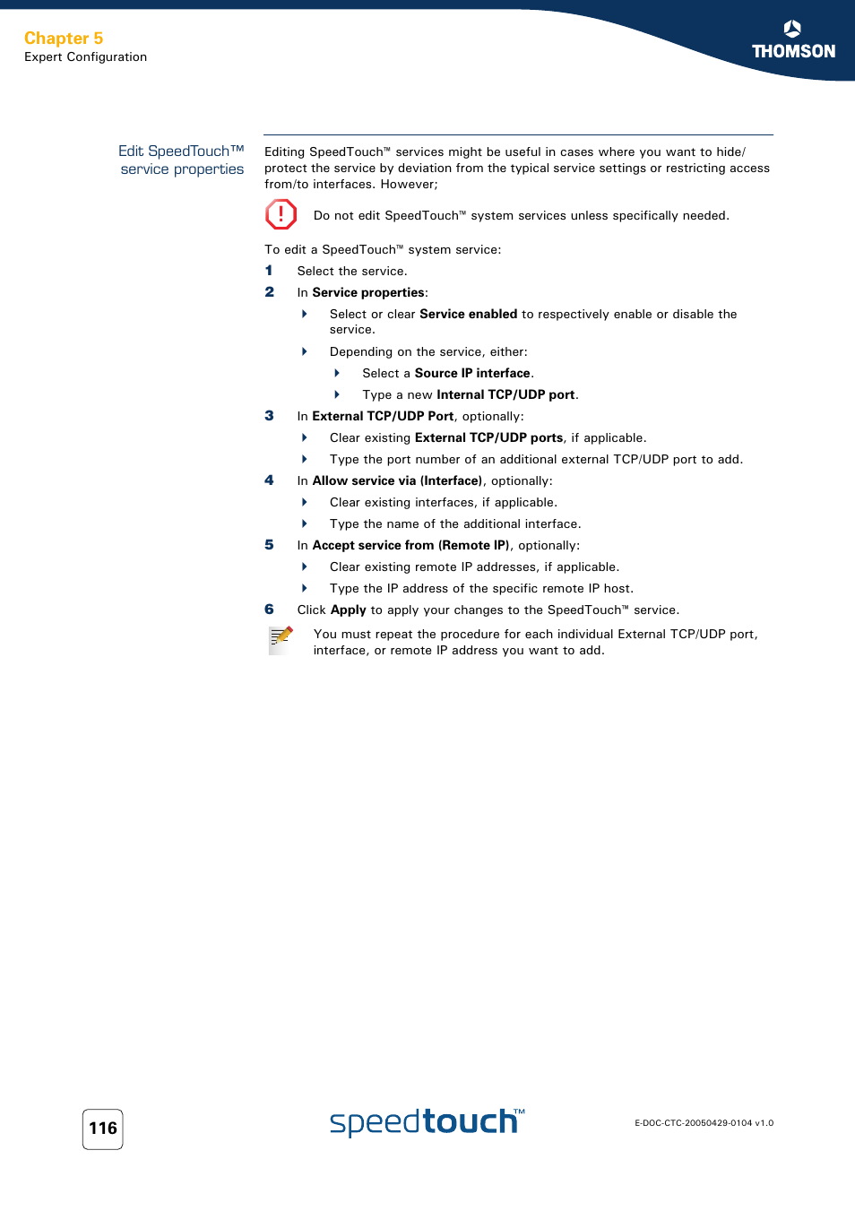 Edit speedtouch™ service properties, Chapter 5 | Technicolor - Thomson 605 User Manual | Page 126 / 212