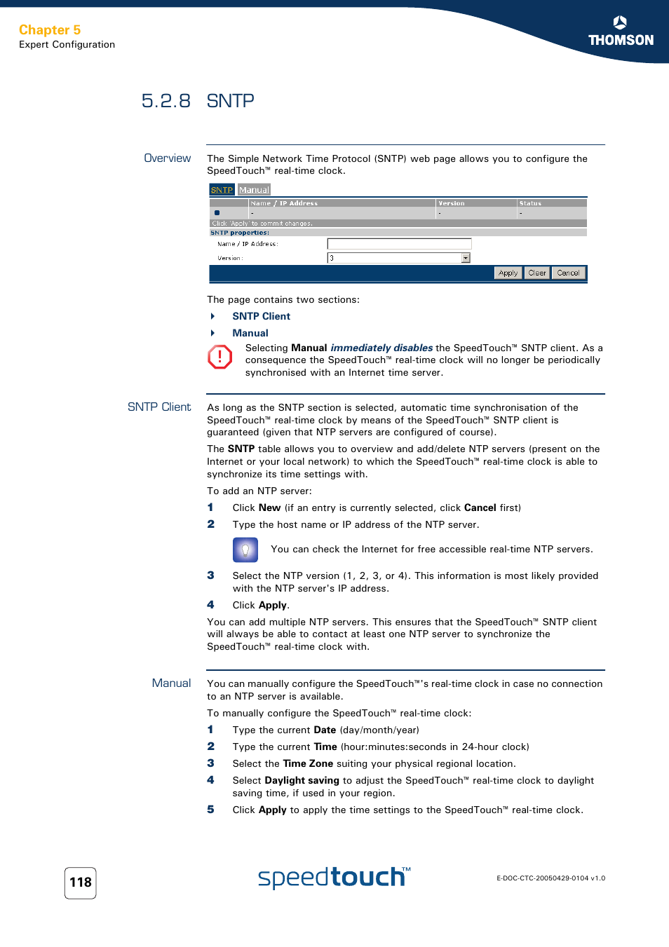 8 sntp, Overview, Sntp client | Manual, Sntp, Chapter 5 | Technicolor - Thomson 605 User Manual | Page 128 / 212