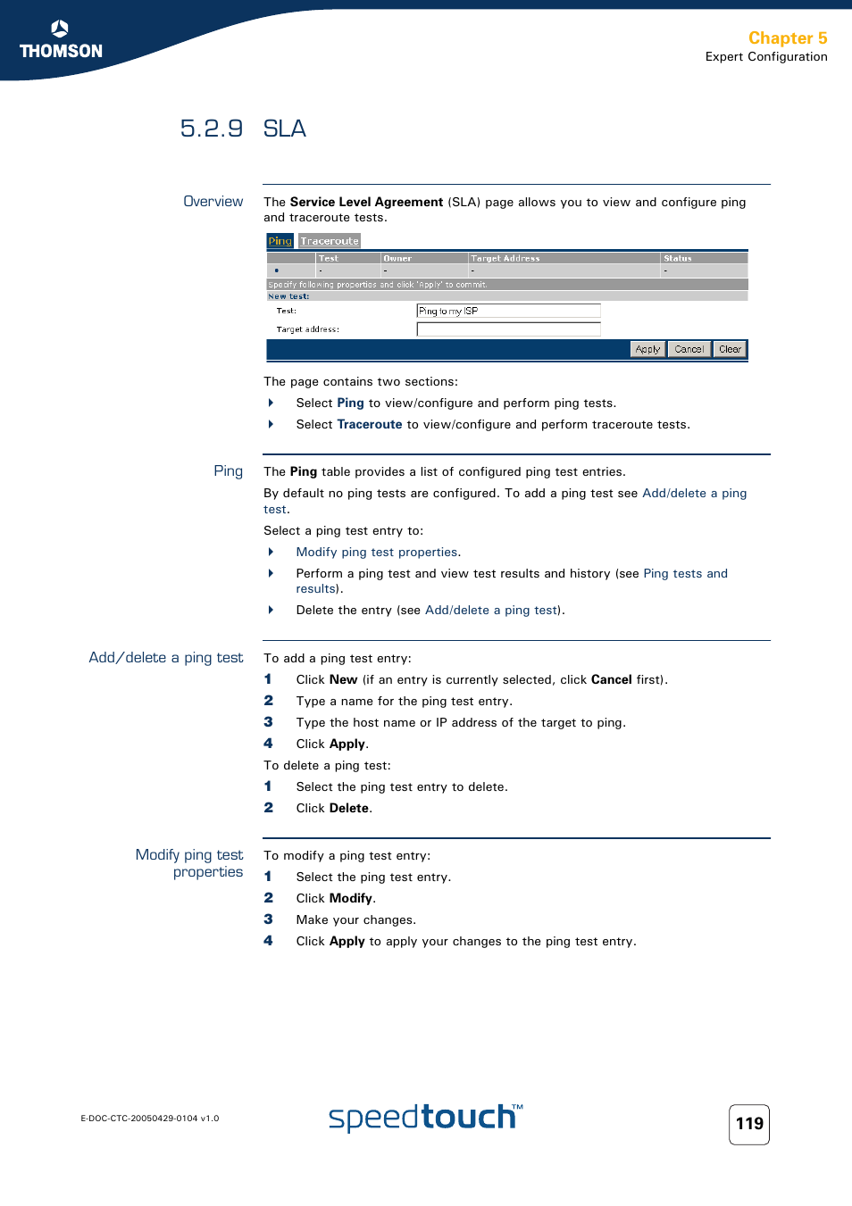 9 sla, Overview, Ping | Add/delete a ping test, Modify ping test properties, Chapter 5 | Technicolor - Thomson 605 User Manual | Page 129 / 212