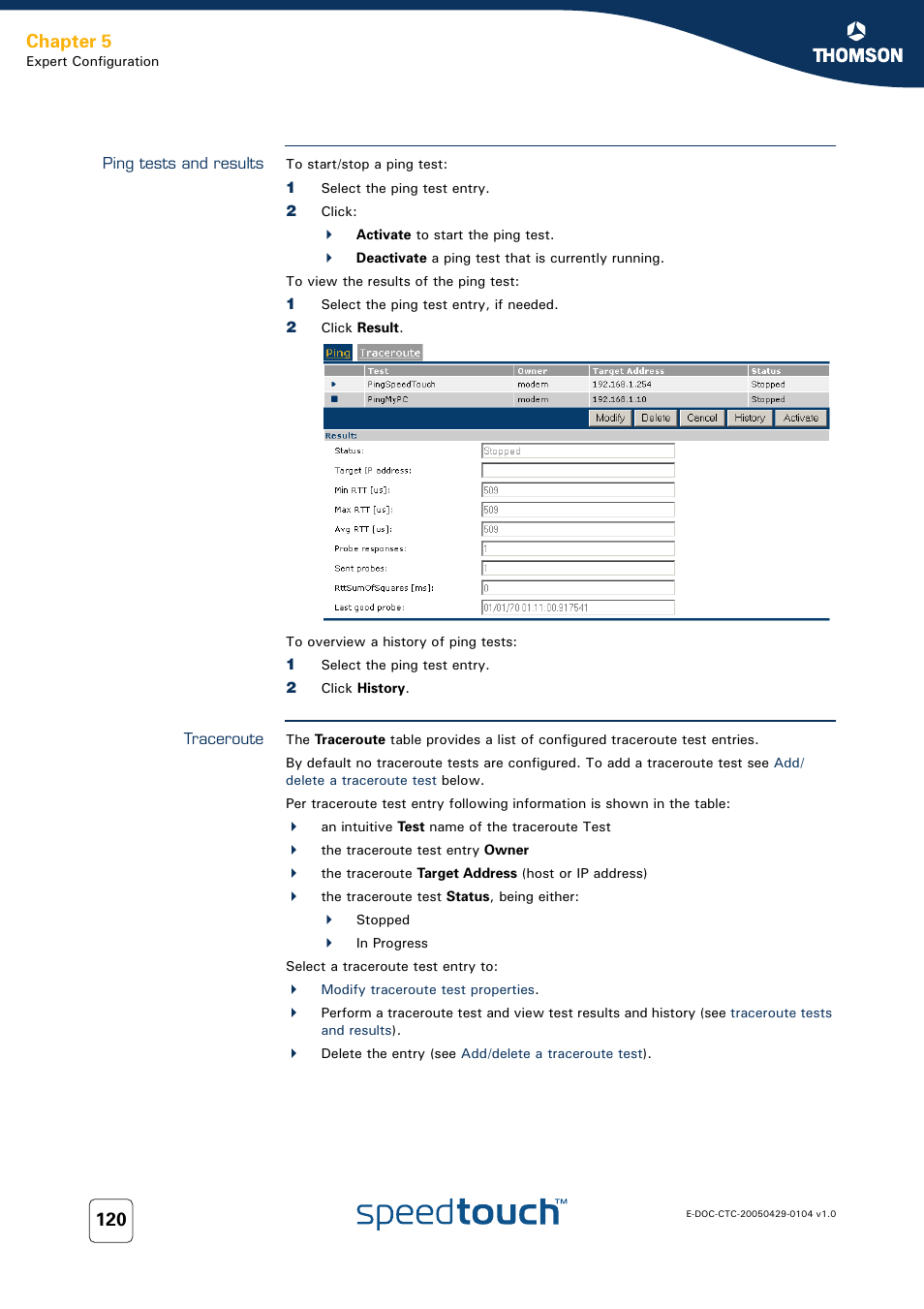 Ping tests and results, Traceroute, To v | Ping tests and, Results, Chapter 5 | Technicolor - Thomson 605 User Manual | Page 130 / 212