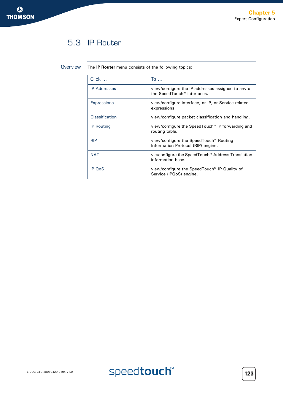 3 ip router, Overview, Ip router | Chapter 5 | Technicolor - Thomson 605 User Manual | Page 133 / 212