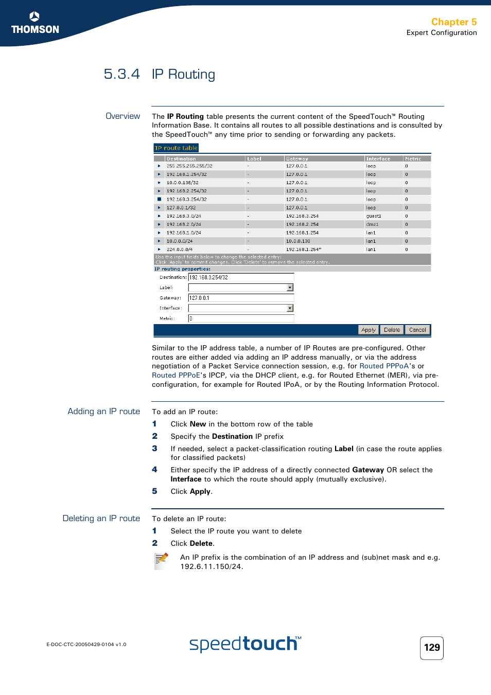 4 ip routing, Overview, Adding an ip route | Deleting an ip route, Ip routing, Chapter 5 | Technicolor - Thomson 605 User Manual | Page 139 / 212