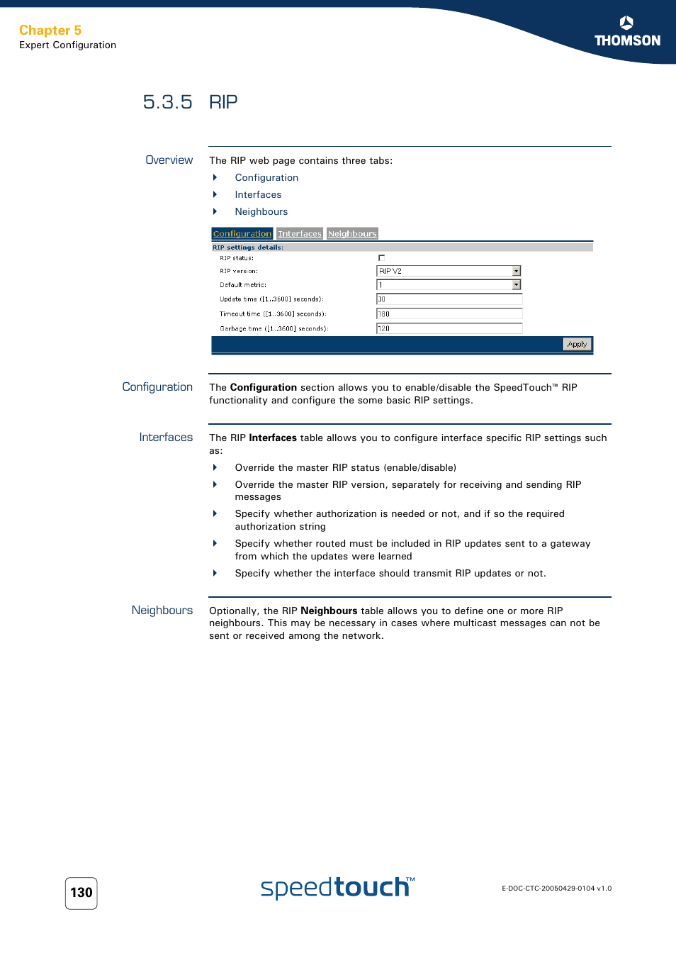 5 rip, Overview, Configuration | Interfaces, Neighbours, Chapter 5 | Technicolor - Thomson 605 User Manual | Page 140 / 212