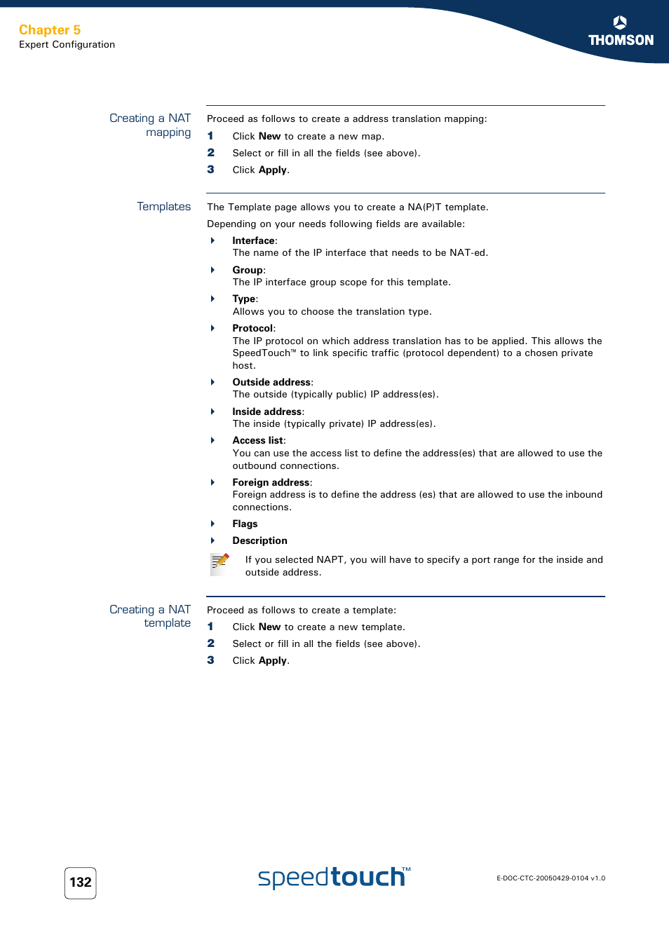 Creating a nat mapping, Templates, Creating a nat template | Chapter 5 | Technicolor - Thomson 605 User Manual | Page 142 / 212