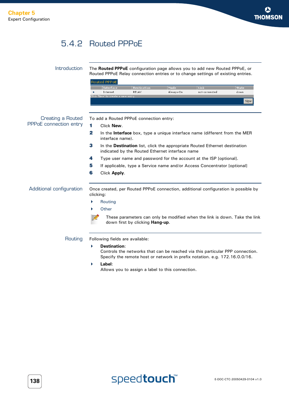 2 routed pppoe, Introduction, Creating a routed pppoe connection entry | Additional configuration, Routing, Routed pppoe, Chapter 5 | Technicolor - Thomson 605 User Manual | Page 148 / 212