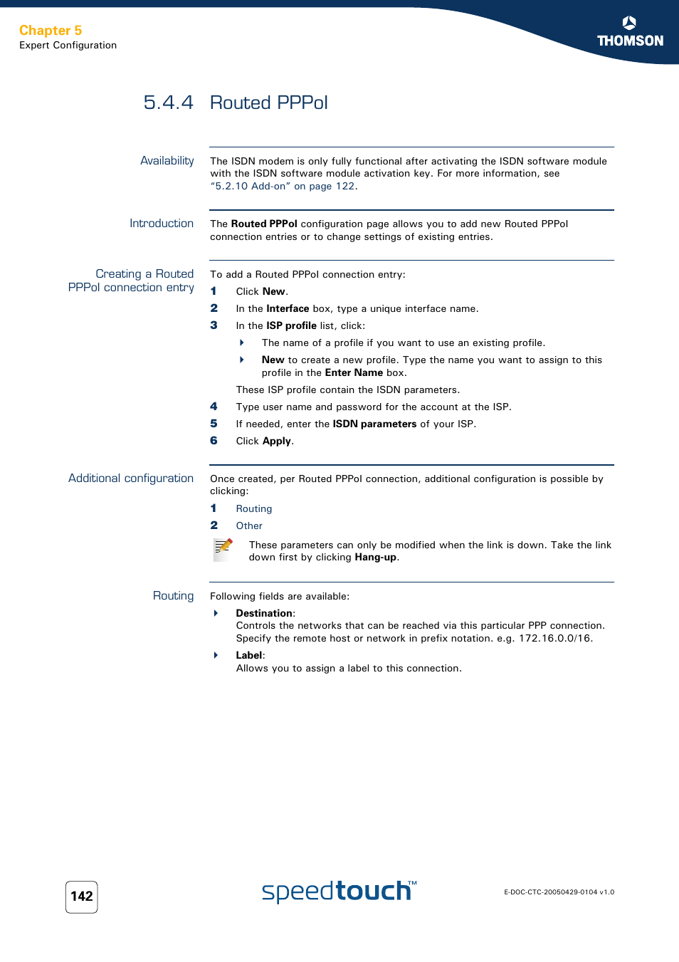 4 routed pppoi, Availability, Introduction | Creating a routed pppoi connection entry, Additional configuration, Routing, Routed pppoi, Chapter 5 | Technicolor - Thomson 605 User Manual | Page 152 / 212