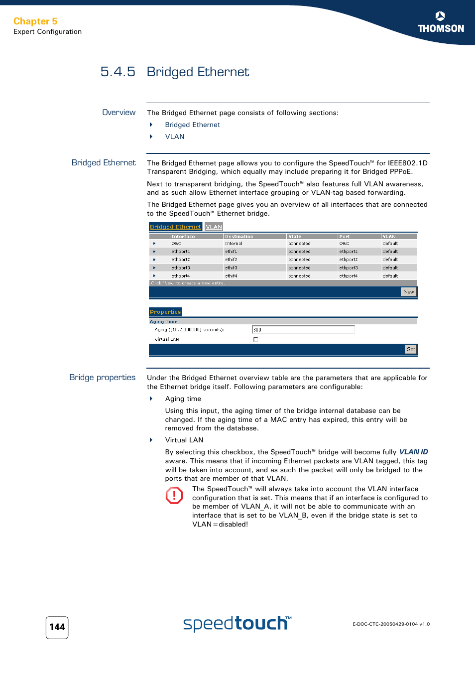 5 bridged ethernet, Overview, Bridged ethernet | Bridge properties, Chapter 5 | Technicolor - Thomson 605 User Manual | Page 154 / 212