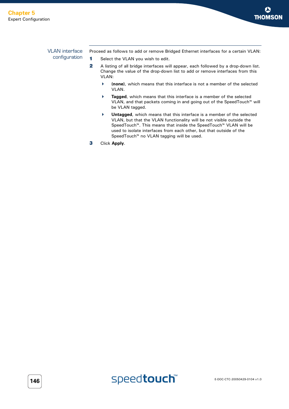 Vlan interface configuration, Chapter 5 | Technicolor - Thomson 605 User Manual | Page 156 / 212