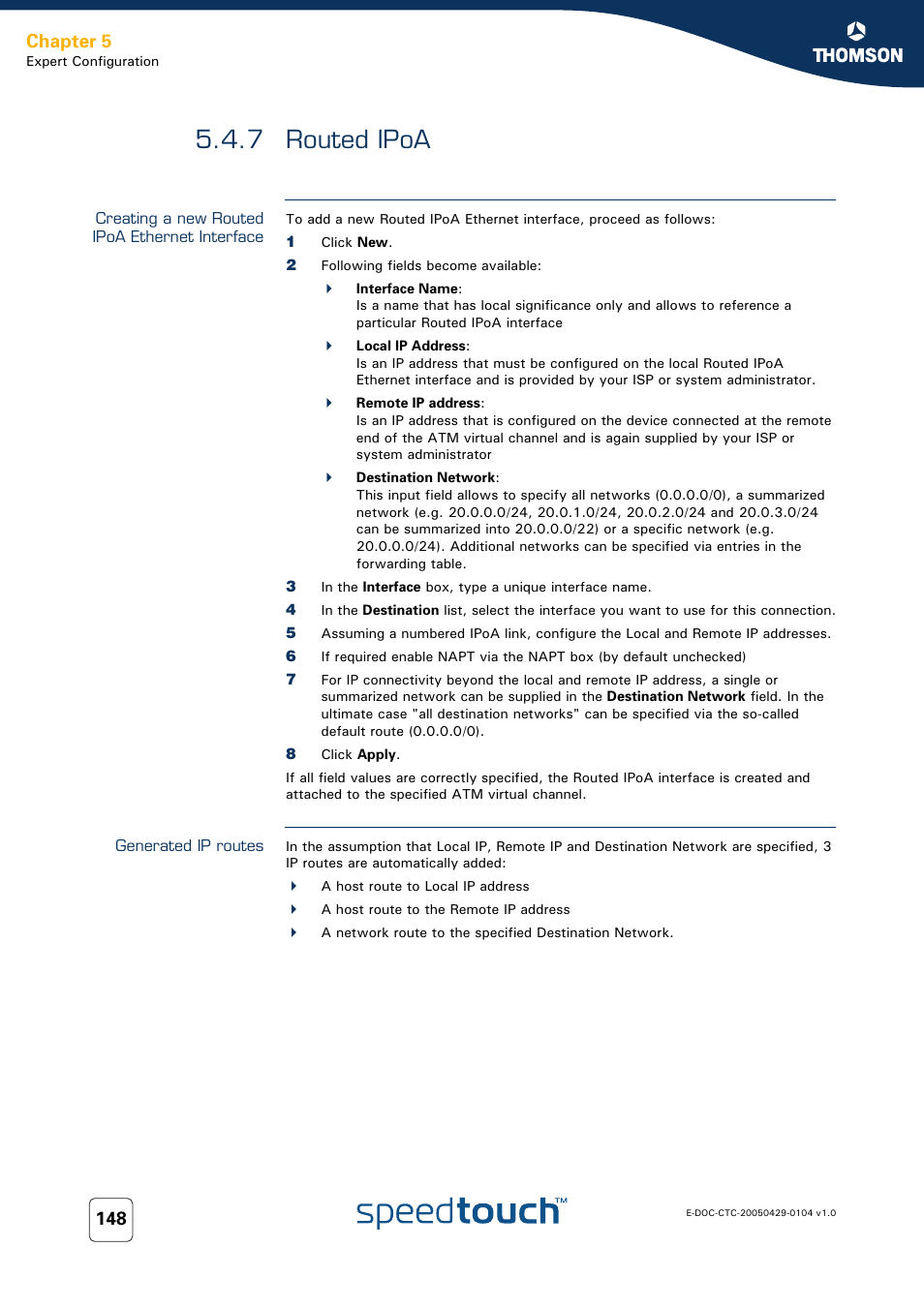 7 routed ipoa, Creating a new routed ipoa ethernet interface, Generated ip routes | Routed ipoa, Chapter 5 | Technicolor - Thomson 605 User Manual | Page 158 / 212