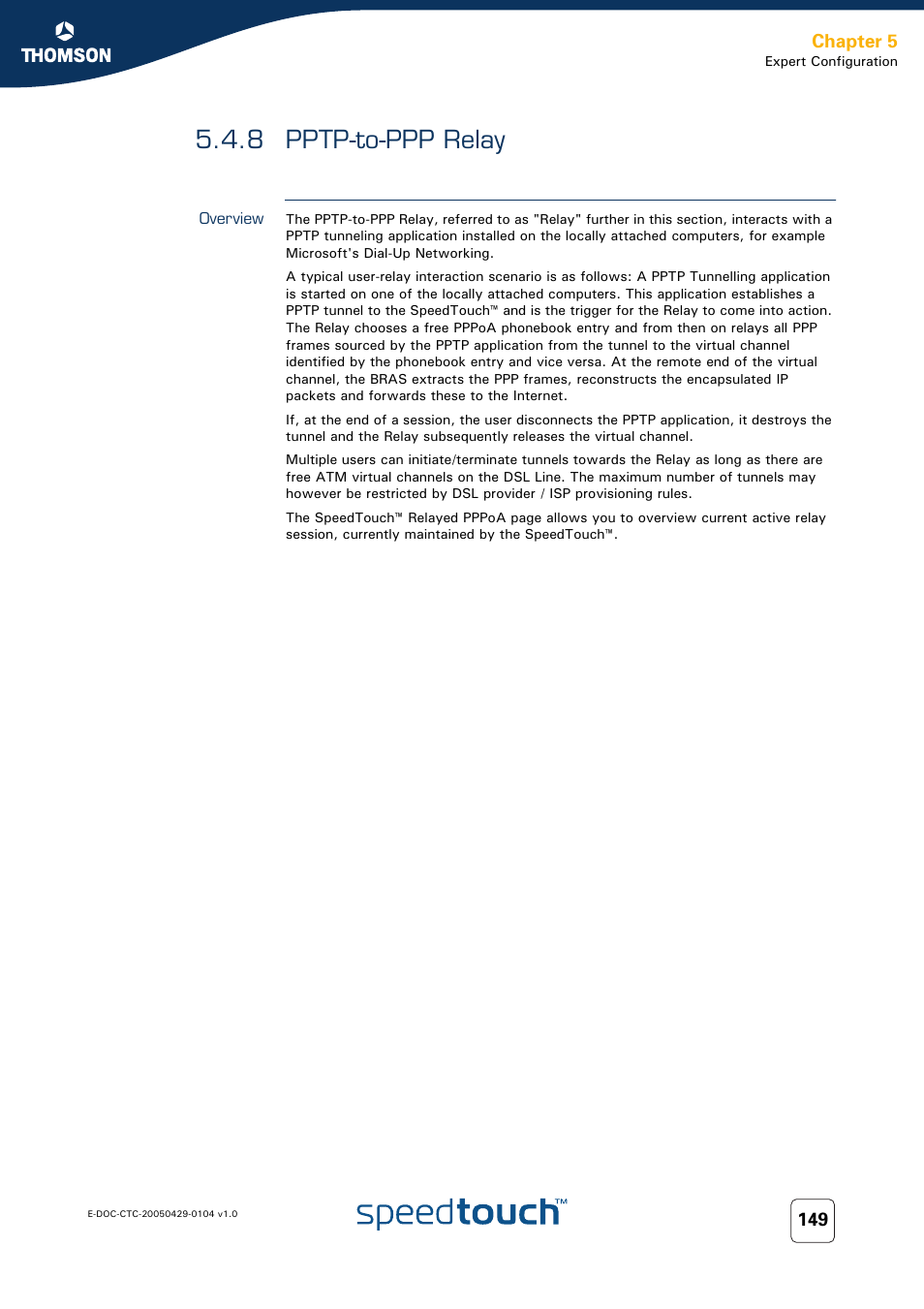 8 pptp-to-ppp relay, Overview, Pptp-to-ppp relay | Technicolor - Thomson 605 User Manual | Page 159 / 212