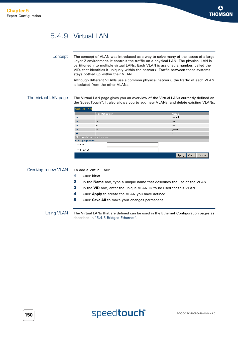 9 virtual lan, Concept, Creating a new vlan | Using vlan, Virtual lan, Chapter 5 | Technicolor - Thomson 605 User Manual | Page 160 / 212