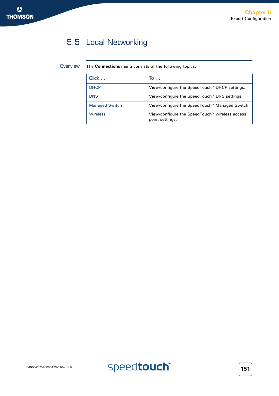 5 local networking, Overview, Local networking | Chapter 5 | Technicolor - Thomson 605 User Manual | Page 161 / 212