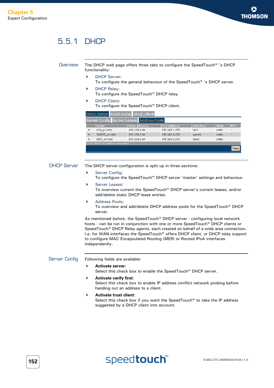 1 dhcp, Overview, Dhcp server | Server config, Dhcp, Chapter 5 | Technicolor - Thomson 605 User Manual | Page 162 / 212