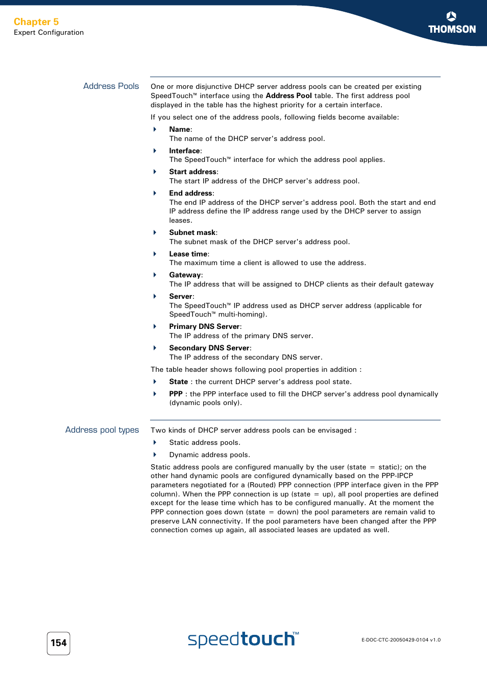 Address pools, Address pool types, Chapter 5 | Technicolor - Thomson 605 User Manual | Page 164 / 212