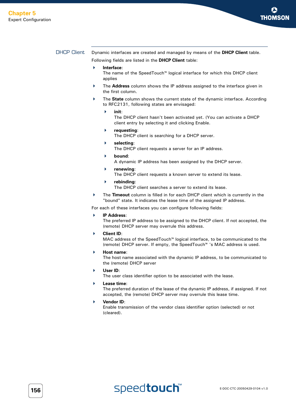 Dhcp client, Chapter 5 | Technicolor - Thomson 605 User Manual | Page 166 / 212