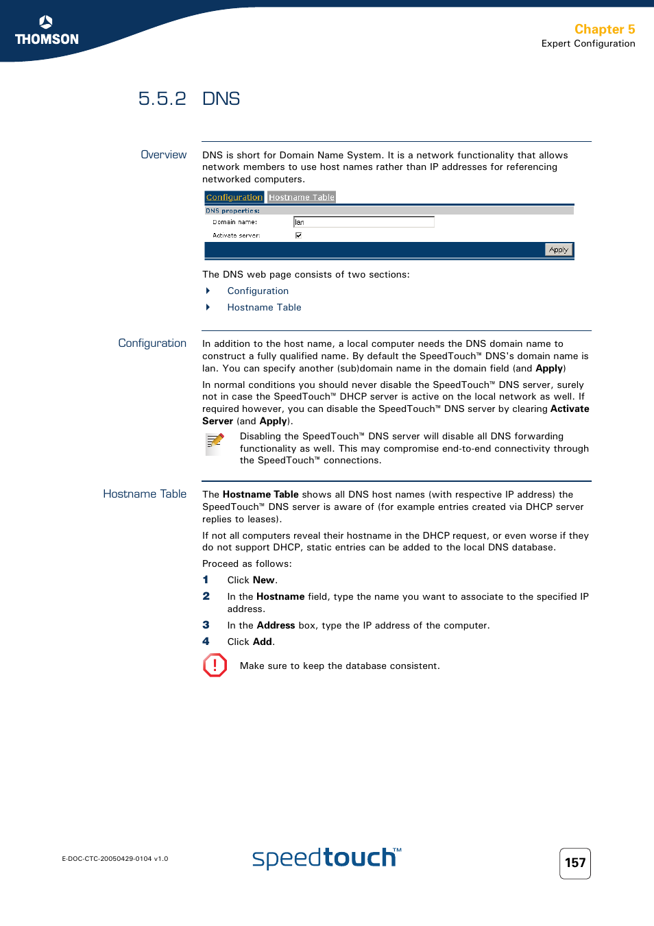 2 dns, Overview, Configuration | Hostname table, Chapter 5 | Technicolor - Thomson 605 User Manual | Page 167 / 212